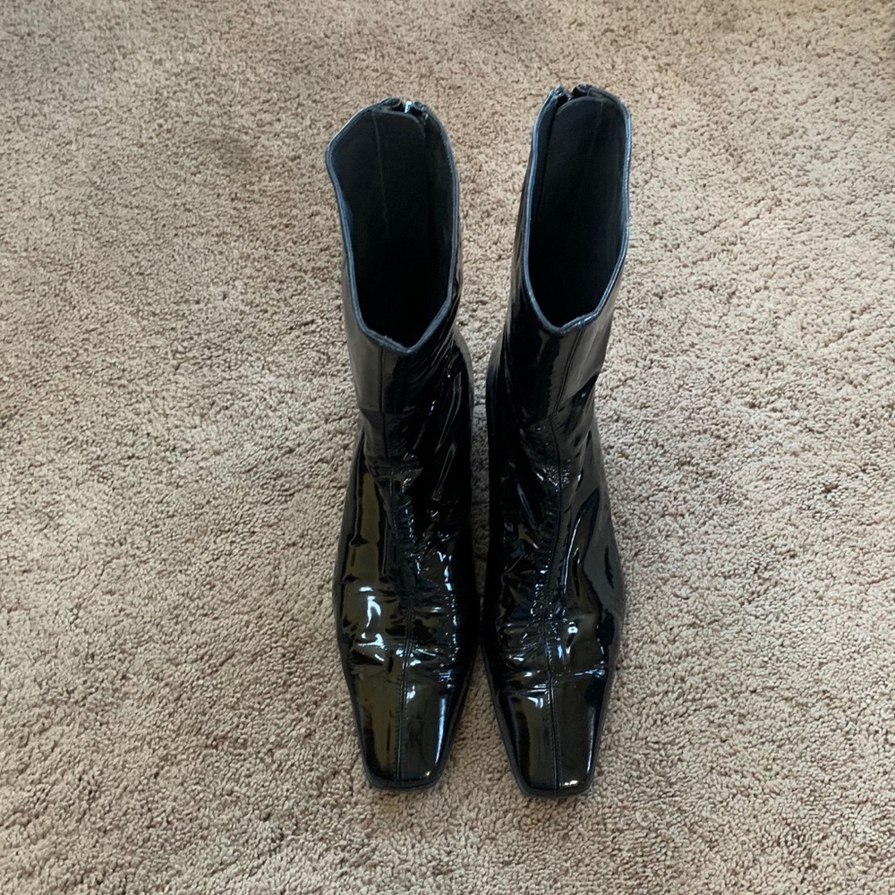 Stuart Weitzman black patent square toe boots